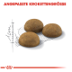 Drei runde, braune Haustierfutterkroketten werden auf einer skizzierten Umrisslinie angezeigt, mit dem Text "ANGEPASSTE KROKETTENGRÖSSE" darüber.