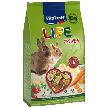 Sac de nourriture pour animaux Vitakraft Life Power pour lapins nains, mettant en avant deux lapins et un mélange en forme de cœur, soulignant les soins dentaires et les vitamines.