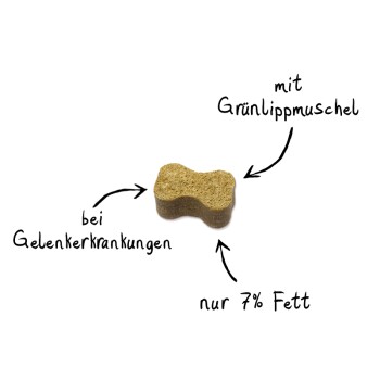 Knochenförmiger Hundeleckerli mit der Aufschrift 'mit Grünlippmuschel', 'bei Gelenkerkrankungen' und 'nur 7% Fett.'