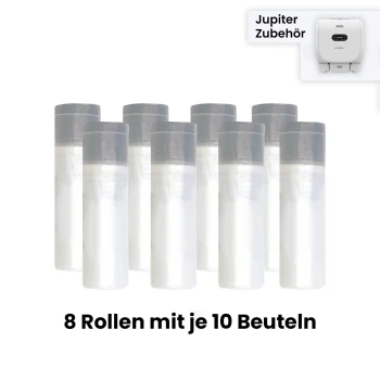 Acht Rollen mit Haustierabfallbeuteln, jede mit zehn Beuteln, auf einem weißen Hintergrund präsentiert. Text lautet "8 Rollen mit je 10 Beuteln."