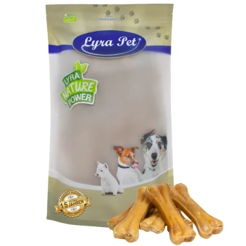 Lyra Pet Hundeleckerlipackung mit einem beigen Beutel mit "Lyra Nature Power" Etikett, neben mehreren Kaustangen.