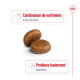 Deux morceaux de croquettes pour animaux ronds et bruns avec un texte mettant en avant "Combinaison de nutriments et de vitamines" et "Protéines hautement digestibles."