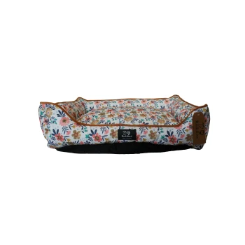 Colorful floral rectangular pet bed with raised bolsters, brown trim and center label reading Beddies