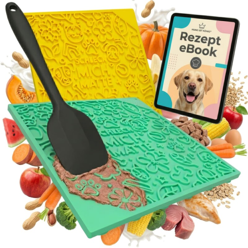 HUND IST KÖNIG Leckmatte Hund mit Saugnäpfen [2 Stk] - 22x22 cm inkl. Spatel + Rezepte-Ebook