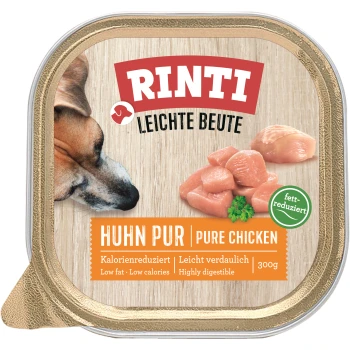 Hundefutterverpackung mit dem Gesicht eines Hundes, Hühnerstücken und dem Text: "Rinti Leichte Beute Huhn Pur - Pure Chicken, 300g, Low fat."