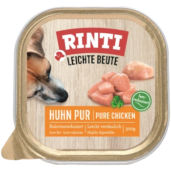 Hondenvoeding verpakking met een honden gezicht, kip stukjes, en tekst: "Rinti Leichte Beute Huhn Pur - Pure Kip, 300g, Laag vet."