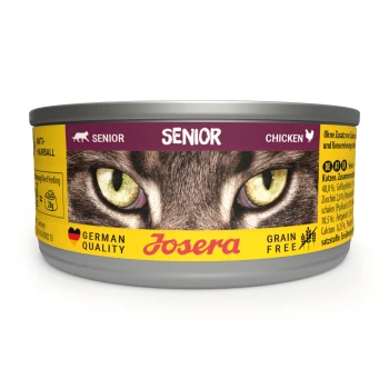 Nassfutter Katze, Senior 12x85 g Dose Katzenfutter mit einer Nahaufnahme der Augen einer Katze, beschriftet mit 'Senior' und 'Huhn', mit den Angaben 'Anti-Haarball' und 'Getreidefrei'.