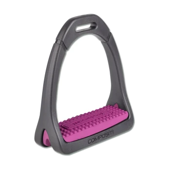 Grau-rosa Pferdestirrup mit einer strukturierten Fußplatte, beschriftet mit "COMPOSITI", entworfen für den Reitsport.