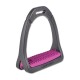 Grau-rosa Pferdestirrup mit einer strukturierten Fußplatte, beschriftet mit "COMPOSITI", entworfen für den Reitsport.