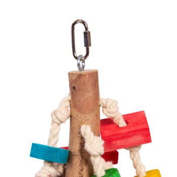 Buntes Holzspielzeug für Vögel mit einer natürlichen Holzbasis, das rote, grüne und blaue Blöcke enthält und mit Seil und einem Metallclip befestigt ist.