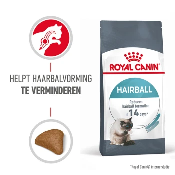 Royal Canin Haarbal kattenvoer zak, met een kattenafbeelding, beweert haarbalvorming binnen 14 dagen te verminderen.