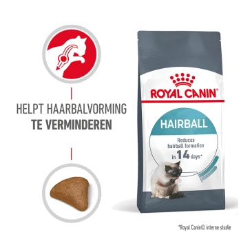 Royal Canin Haarbal kattenvoer zak, met een kattenafbeelding, beweert haarbalvorming binnen 14 dagen te verminderen.
