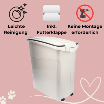 Weißer Futterbehälter mit Deckel vor rosa Hintergrund; Texte: „Leichte Reinigung“, „Inkl. Futterklappe“, „Keine Montage erforderlich“.