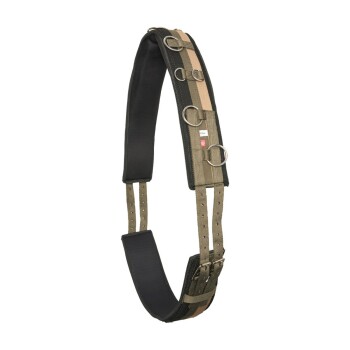 Ein langlebiges, verstellbares Haustiergeschirr in Schwarz und Olivgrün, mit mehreren Metall-D-Ringen und einem gepolsterten Design für Komfort.