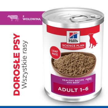 Puszka mokrej karmy Hill's Science Plan dla dorosłych psów, pasztet z wołowiną; na etykiecie „Adult 1–6”, „Loaf Paté”.
