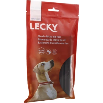 Emballage rouge pour les bâtonnets de cheval LECKY avec du riz, présentant un chien regardant vers le haut. Le texte inclut des icônes 'Sans gluten' et 'Riz'.