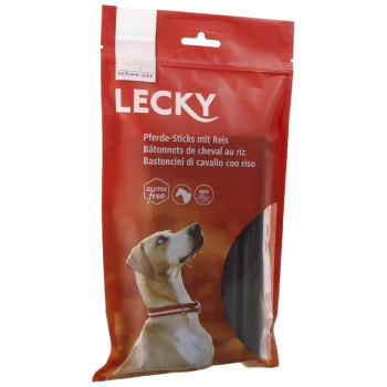 Rote Verpackung für LECKY-Pferdesticks mit Reis, mit einem Hund, der nach oben schaut. Der Text enthält die Icons "Glutenfrei" und "Reis".