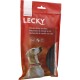 Rote Verpackung für LECKY-Pferdesticks mit Reis, mit einem Hund, der nach oben schaut. Der Text enthält die Icons "Glutenfrei" und "Reis".