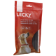 Emballage rouge pour les bâtonnets de cheval LECKY avec du riz, présentant un chien regardant vers le haut. Le texte inclut des icônes 'Sans gluten' et 'Riz'.