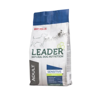 Bag of Leader Natural Dog Nutrition, labeled "Sensitive," for adult small dogs, featuring nutritious lamb, allergy care, and optimal digestion.