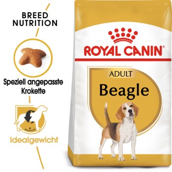 Royal Canin Adult Beagle Hundefutterbeutel, mit einem gelb-weißen Design, mit Text, der die Ernährungsbedürfnisse der Rasse und speziell angepasste Kroketten hervorhebt.