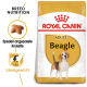 Royal Canin Adult Beagle Hundefutterbeutel, mit einem gelb-weißen Design, mit Text, der die Ernährungsbedürfnisse der Rasse und speziell angepasste Kroketten hervorhebt.