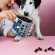 Eine Person füttert einen schwarz-weißen Hund mit einem Leckerli aus einem blauen Behälter mit der Aufschrift 'Z-Snack' vor einem rosa Hintergrund.