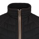 Schwarze Haustierjacke mit hohem Kragen und Reißverschluss vorne, mit gestepptem Textur und braunen Paspel-Details.