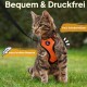Eine getigerte Katze in einem orangefarbenen Geschirr steht auf Gras, mit dem Text: "Bequem & Druckfrei," "freie Schulterblätter," "extra leichtes Neopren."