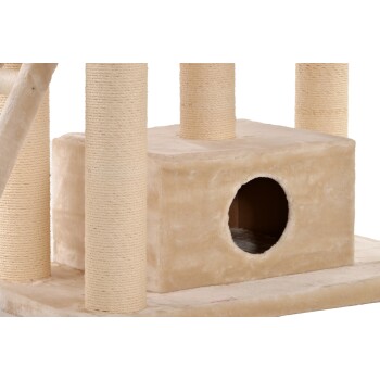 Ein beiger Kratzbaum für Katzen mit zwei mit Sisal umwickelten Kratzpfosten und einem gemütlichen Versteck mit einem runden Eingang.
