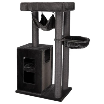 Schwarzer Katzenbaum mit zwei Hängematten, einem gemütlichen Versteck und einer runden Liegefläche, entworfen für das Spielen und Entspannen von Katzen.