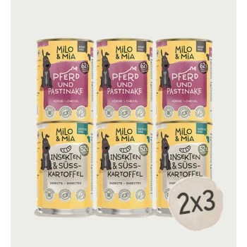 Sechs Dosen Milo & Mia Tierfutter in den Geschmacksrichtungen "Pferd & Pastinake" und "Insekten & Süßkartoffel," beschriftet mit "2x3."