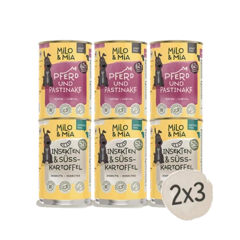 Sechs Dosen Milo & Mia Tierfutter in den Geschmacksrichtungen "Pferd & Pastinake" und "Insekten & Süßkartoffel," beschriftet mit "2x3."