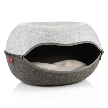 Stylisches Haustierbett mit grauem Filz-Außenmaterial und einem gemütlichen weißen Innenraum, mit einem Reißverschluss für einfachen Zugang.