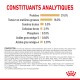 Informations nutritionnelles pour la nourriture pour animaux de compagnie, indiquant les protéines (29 %), les graisses (18 %), les fibres (2,9 %) et les acides gras oméga, avec des détails sur les ingrédients.