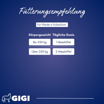 Fütterungsempfehlung für Pferde in Pulverform, die die tägliche Dosierung basierend auf dem Gewicht detailliert: bis 250 kg - 1 Messlöffel, über 250 kg - 2 Messlöffel.