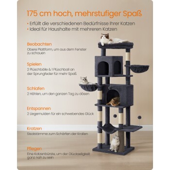 Ein 175 cm hoher Katzenbaum mit zwei Katzen oben und einer in einer Höhle, ausgestattet mit Plattformen, Kratzpfosten und Plüschspielzeugen zum Spielen und Ausruhen.