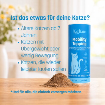 Blaue KatKare Mobility Topping-Dose mit Pulverhaufen auf dem Tisch, deutscher Text 'Ist das etwas für deine Katze?'