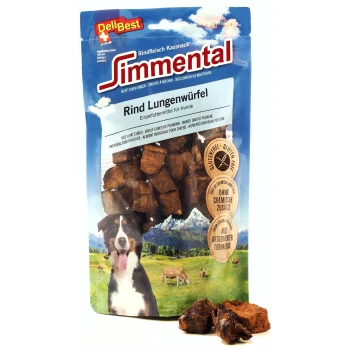 DeliBest Simmental-Rinderlungewürfel für Hunde, glutenfrei und ohne chemische Zusatzstoffe, mit einem Hundebild auf der Vorderseite.