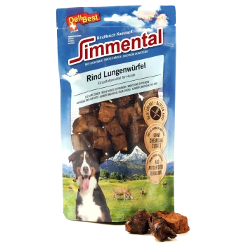 DeliBest Simmental-Rinderlungewürfel für Hunde, glutenfrei und ohne chemische Zusatzstoffe, mit einem Hundebild auf der Vorderseite.