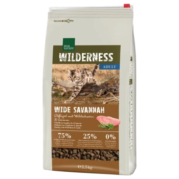 A bag of Real Nature Wilderness cat food labeled "Wide Savannah," featuring a wild cat on the front, with 75% poultry and wild boar content.