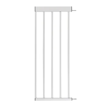 Weißes Haustiersicherheitsgitter mit vertikalen Stangen und verstellbaren Enden zur Sicherung von Türöffnungen oder Treppen.