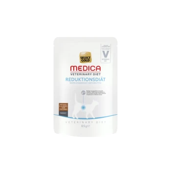 Sélection Gold Medica Veterinary Diet, sachet de 85g, étiqueté "Reduktionsdiät" pour la gestion du poids des animaux de compagnie, avec une silhouette de chien.