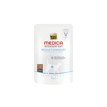 Select Gold Medica Veterinärdiät, 85g Beutel, beschriftet mit "Reduktionsdiät" für das Gewichtsmanagement bei Haustieren, mit einer Silhouette eines Hundes.