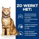 Een close-up van een zittende oranje tabby kat met een blauwe halsband, naast tekst die de voordelen van een huisdierproduct beschrijft, inclusief pH-niveaus en omega-3.