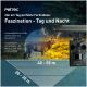 Pettec-Wildkamera mit Solarpanel neben einem Reh; deutscher Text 'Faszination - Tag und Nacht' und Reichweitenangaben '40-55 m', '20-30 m'.