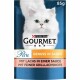 Biały kot na niebieskim tle z opakowaniem karmy dla kotów Purina Gourmet oznaczonym 'Perle Genuss in Sauce mit Lachs.'