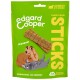Emballage vert pour friandises pour chiens Edgard Cooper présentant deux chiens de dessin animé, un brun et un gris, avec le texte "STICKS" et "Agneau et dinde."