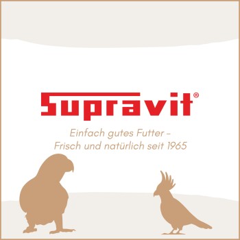 Supravit-Logo mit deutschem Text "Einfach gutes Futter – Frisch und natürlich seit 1965" und Silhouetten von zwei Vögeln.