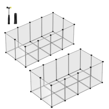 Transparente Tier-Spielzone mit schwarzen Verbindern, mit zwei separaten Gehegen, begleitet von einem Hammer und Kabelbindern.